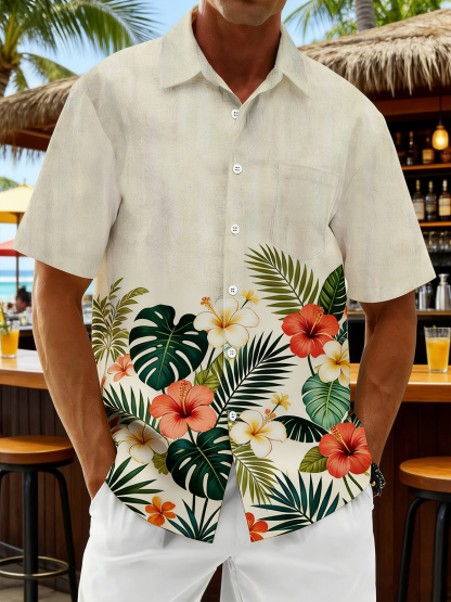 Linen-Texture Botanical Floral Chest Pocket Holiday Hawaiian Shirt