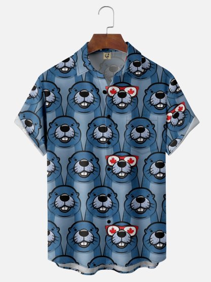 Moisture-wicking Canada Day Animal Maple Leaf Chest Pocket Hawaiian Shirt