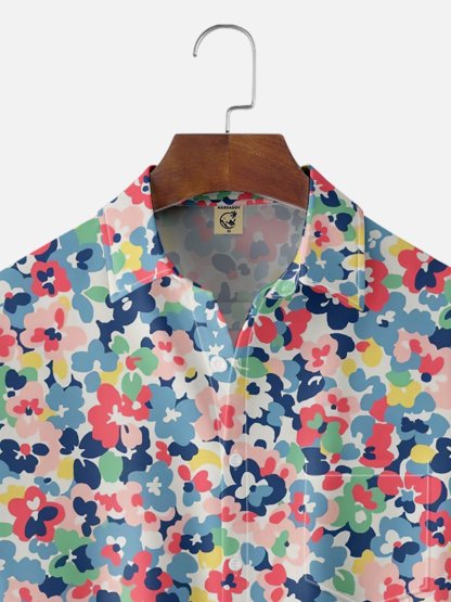 Moisture-wicking Tropical Floral Chest Pocket Hawaiian Shirt