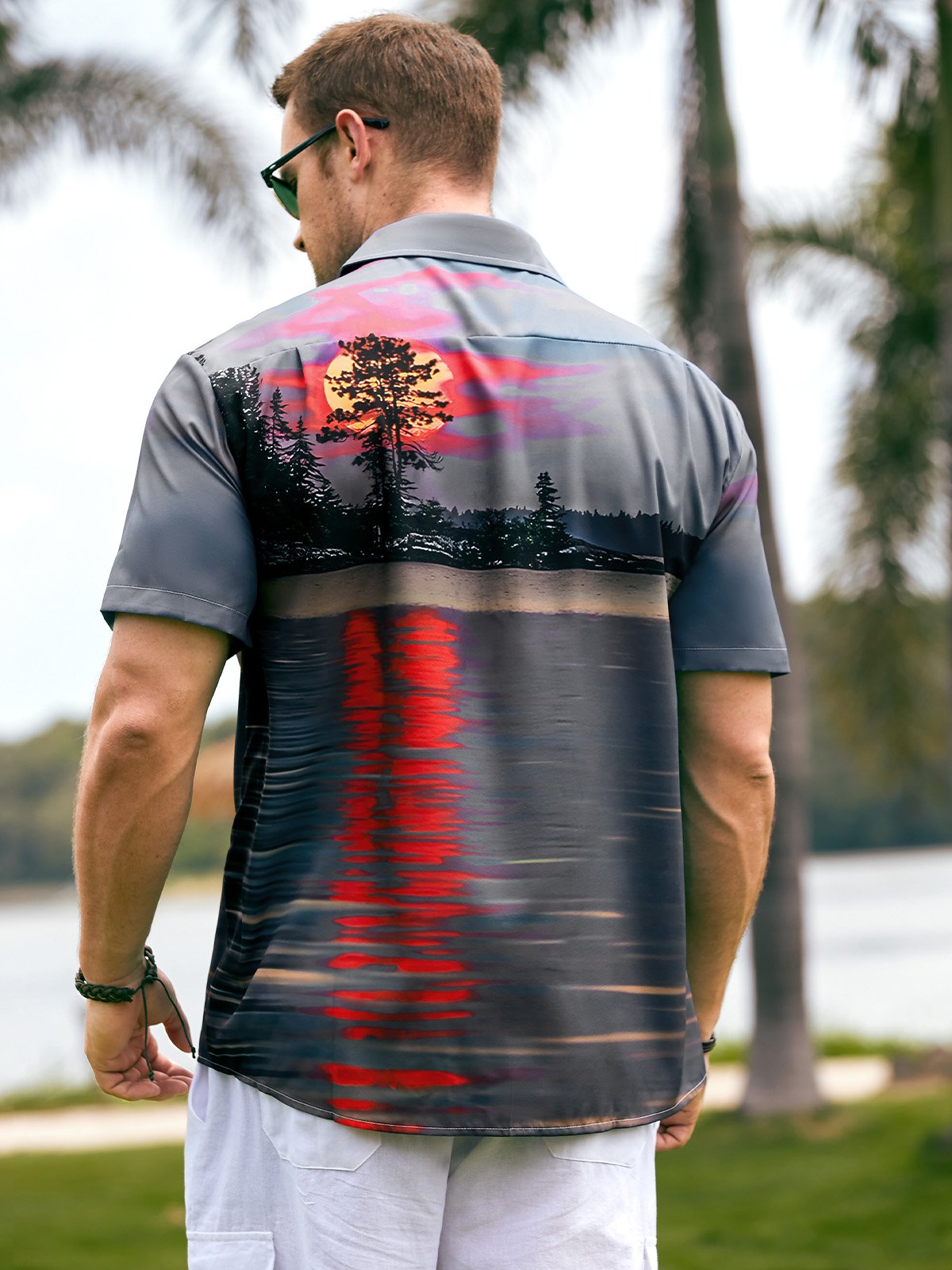 Vacation Style Hawaiian Series Sunset Gradient Sky Scenery Element Pattern Lapel Short-Sleeved Shirt Print Top