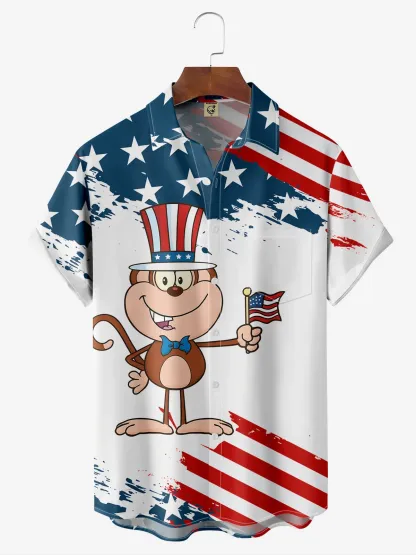 Moisture-wicking American Flag Monkey Chest Pocket Hawaiian Shirt