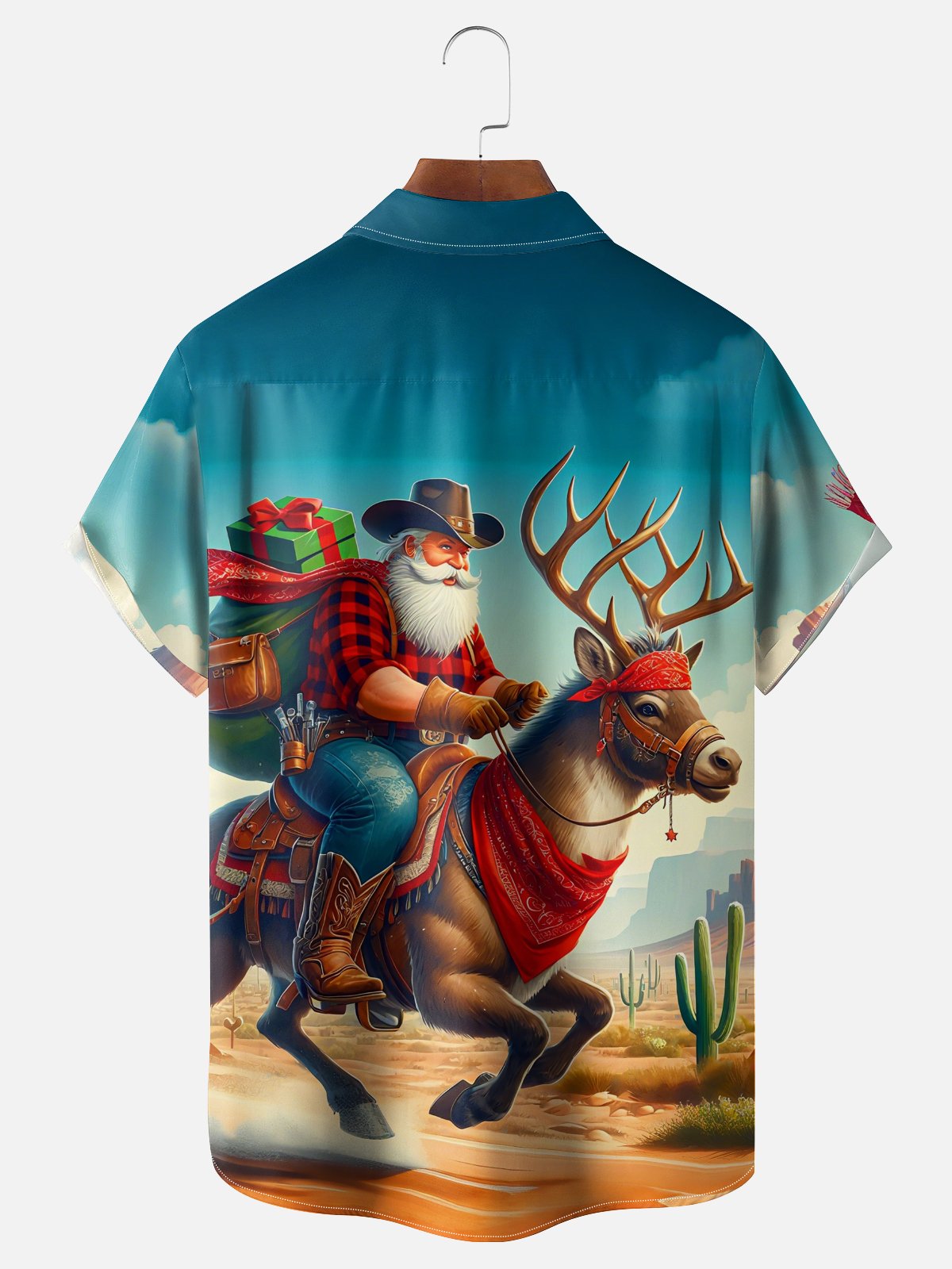 Moisture-wicking Western Cowboy Santa Claus Elk Cactus Chest Pocket Hawaiian Shirt