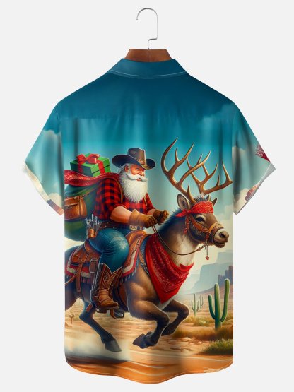 Moisture-wicking Western Cowboy Santa Claus Elk Cactus Chest Pocket Hawaiian Shirt