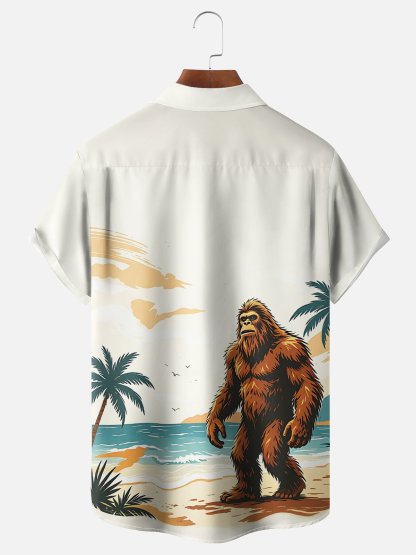 Moisture-Wicking Gradient Coconut Trees Beach And Bigfoot Print Chest Pocket Hawaiian Shirt
