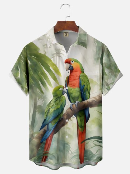 Moisture-wicking?Tropical?Parrots?Chest?Pocket?Hawaiian?Shirt