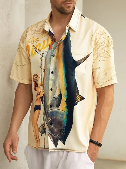 Beauty Fishing Chest Pocket Short Sleeve Hawaiian Shirt