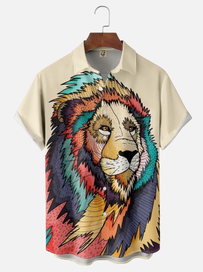 x Stephen Wade Moisture Wicking Abstract Art Lion Chest Pocket Hawaiian Shirt