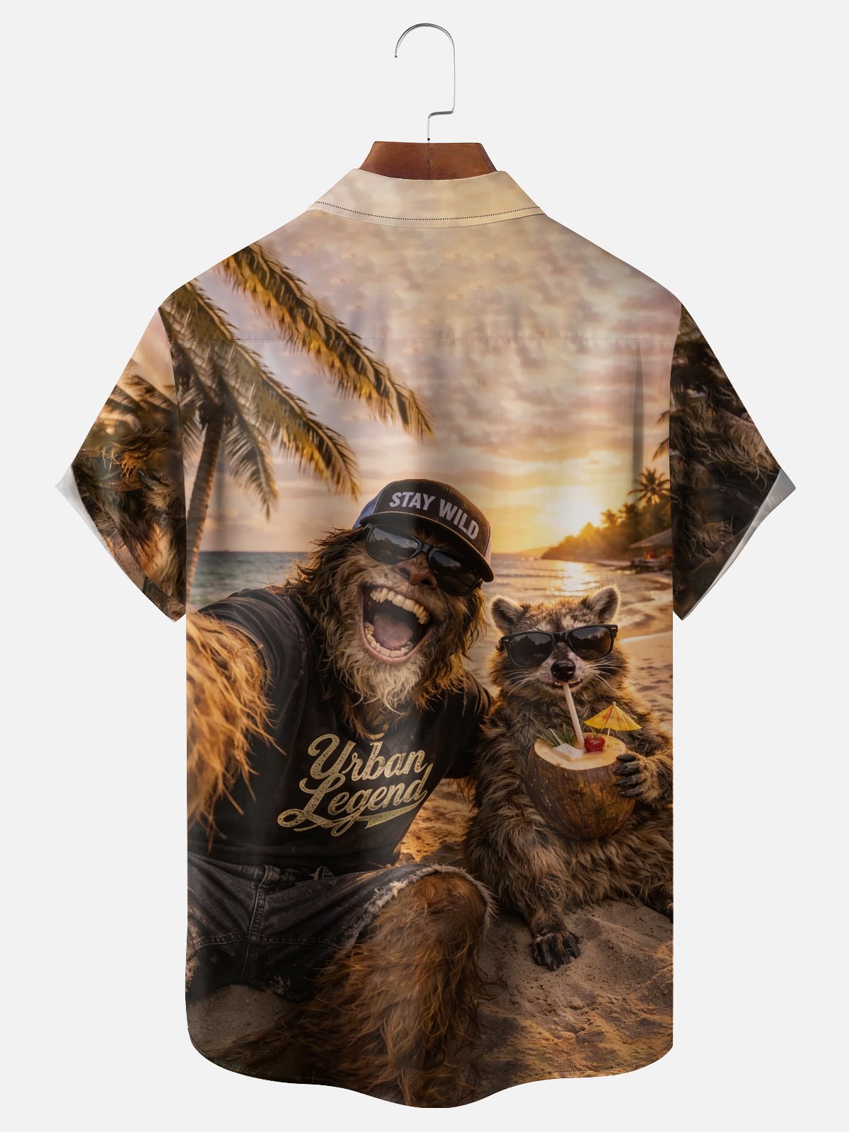 Moisture Wicking Fun Bigfoot Beach Vacation Themed Hawaiian Shirt with Chest Pocket