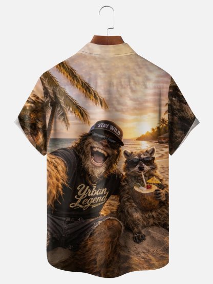 Moisture Wicking Fun Bigfoot Beach Vacation Themed Hawaiian Shirt with Chest Pocket