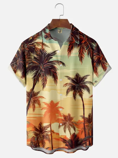 Moisture-wicking Palm Tree Chest Pocket Hawaiian Shirt