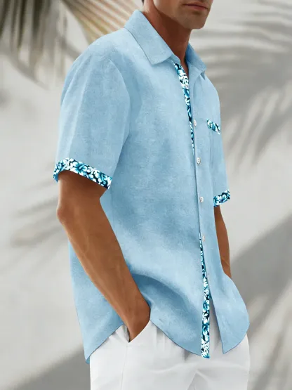 Moisture Wicking Solid Color With Floral Patchwork Chest Pocket Holiday Hawaiian Shirt