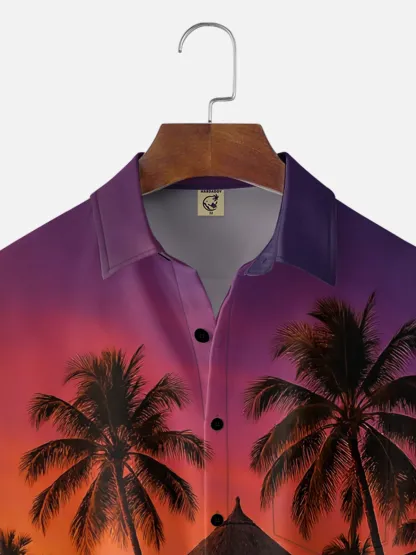 Moisture-wicking Coconut Tree Beach Chest Pocket Hawaiian Shirt