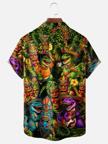 Moisture Wicking Cinco de Mayo Botanical & Dinosaur Print Chest Pocket Holiday Hawaiian Shirt