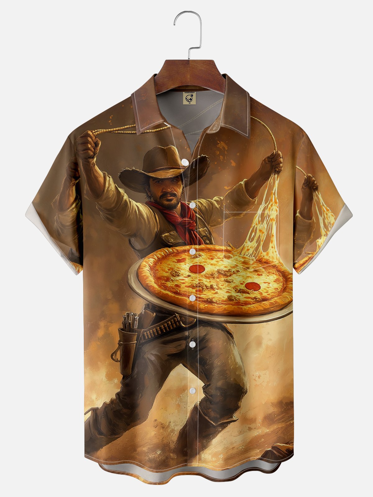 Moisture Wicking Western Cowboy Taming Pizza Wave Chest Pocket Hawaiian Shirt
