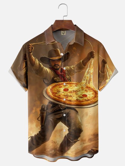 Moisture Wicking Western Cowboy Taming Pizza Wave Chest Pocket Hawaiian Shirt