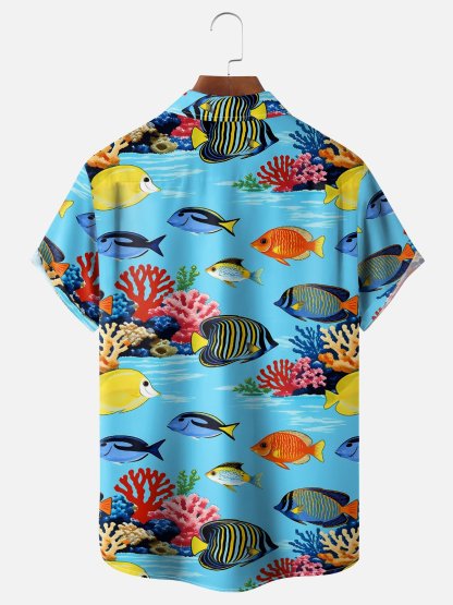 Moisture-Wicking Ombré Fish & Coral Chest Pocket Hawaiian Shirt