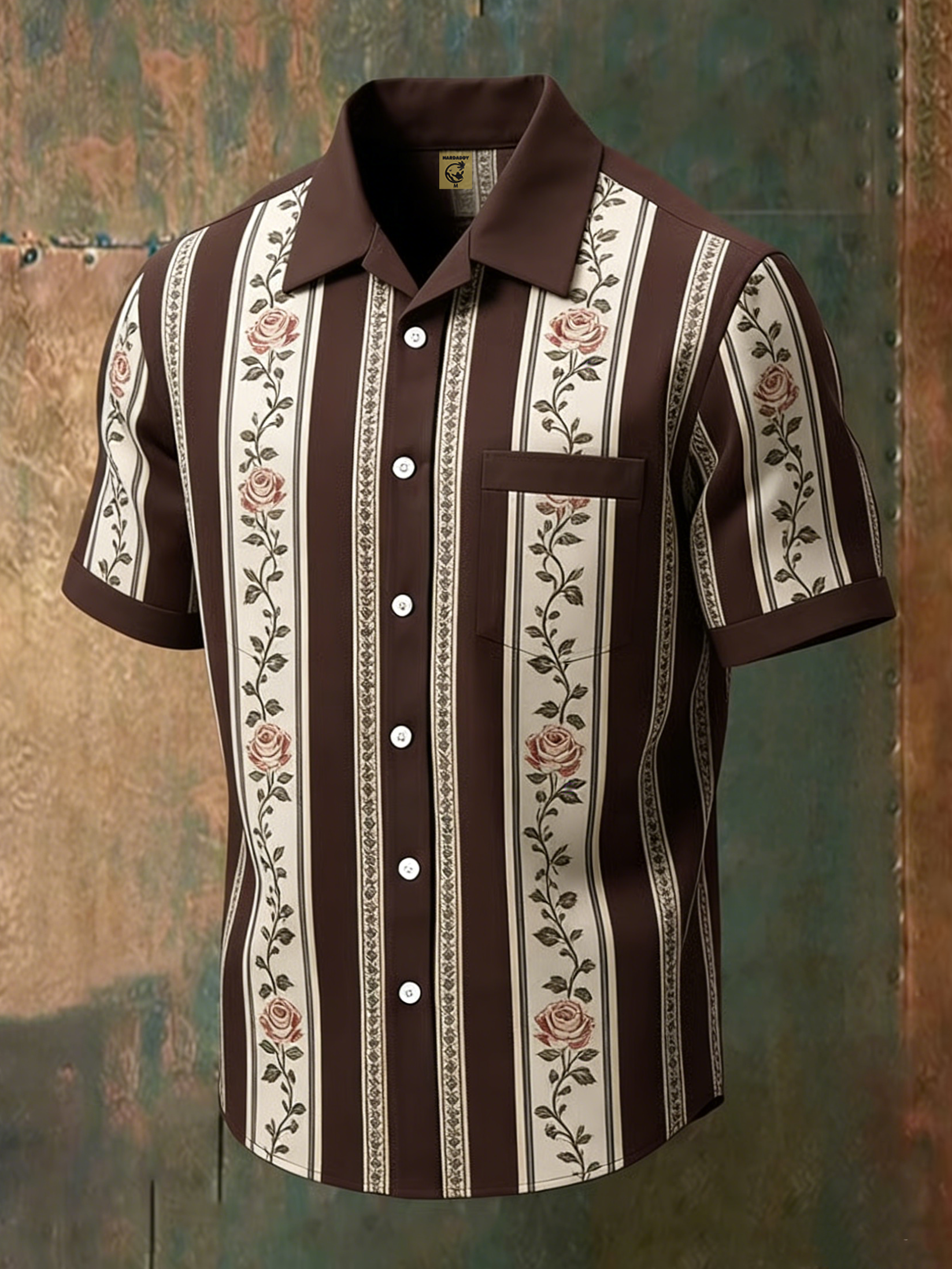 Moisture-wicking Rose Floral Striped Chest Pocket Hawaiian Shirt