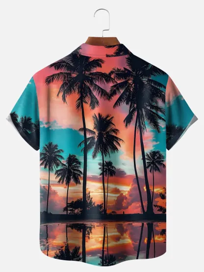 Big Size Moisture-wicking Beach Sunset Coconut Tree Chest Pocket Hawaiian Shirt