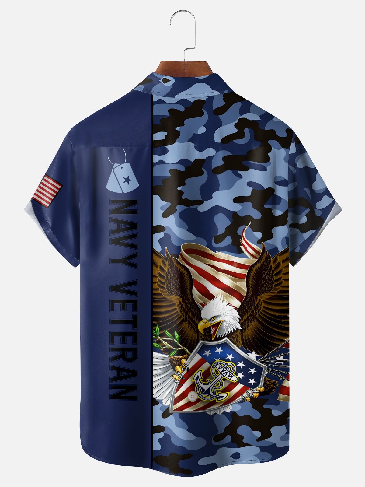 Moisture-Wicking U.S. Independence Day Anniversary Navy Design Chest Pocket Hawaiian Shirt