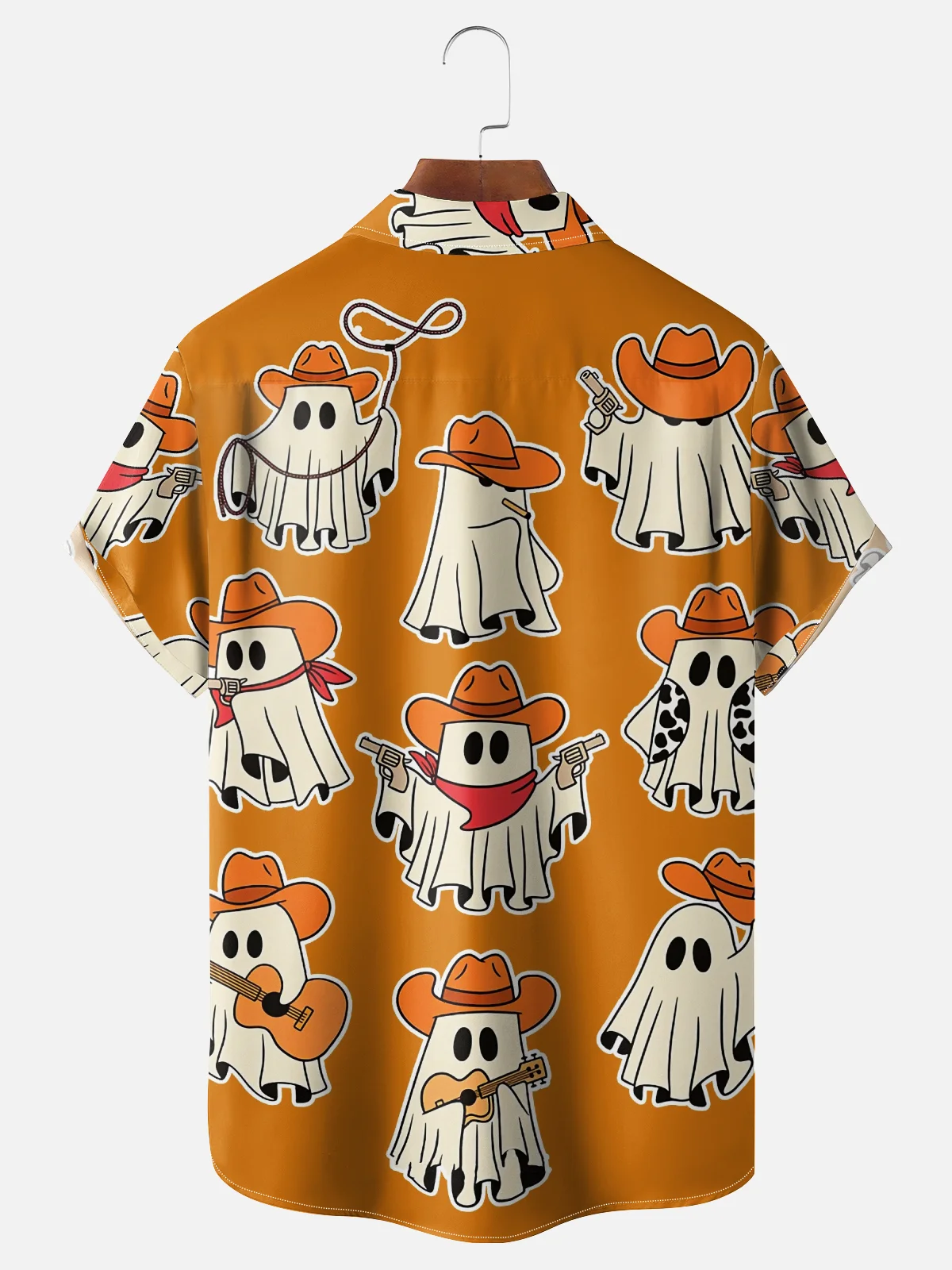 Moisture-Wicking Halloween Cowboy Ghost Guitar Cow Print Chest Pocket Hawaiian Shirt