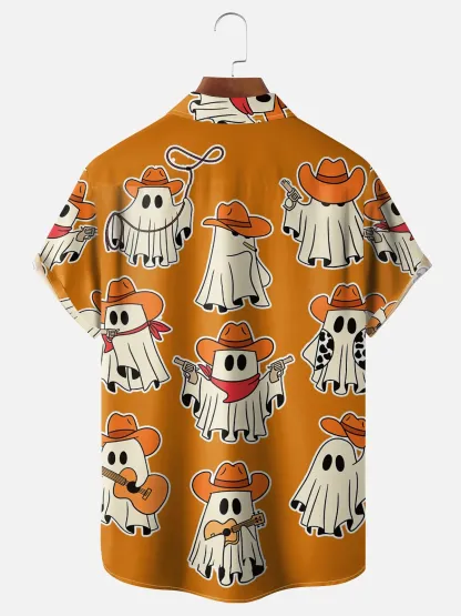 Moisture-Wicking Halloween Cowboy Ghost Guitar Cow Print Chest Pocket Hawaiian Shirt