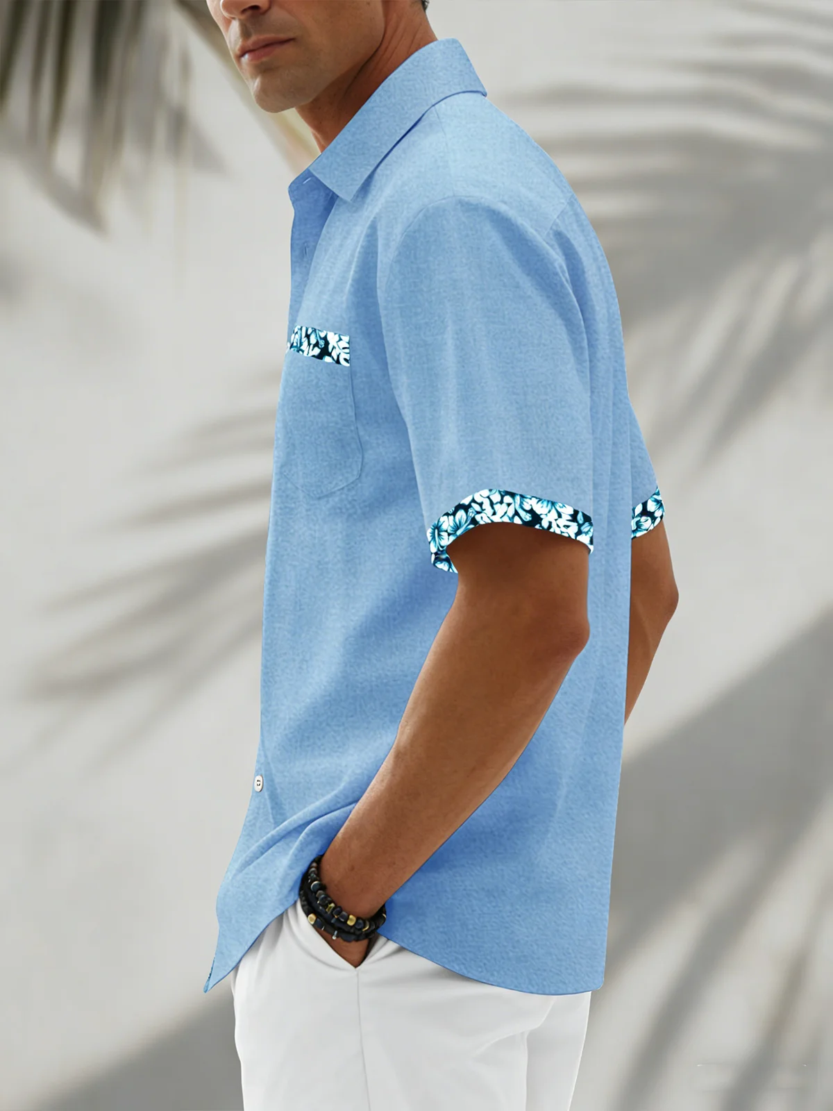 Moisture Wicking Solid Color With Floral Patchwork Chest Pocket Holiday Hawaiian Shirt