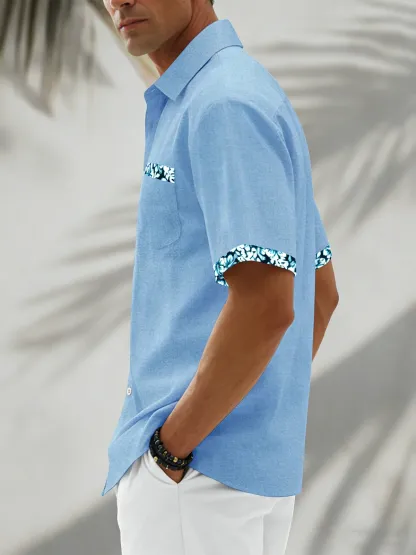 Moisture Wicking Solid Color With Floral Patchwork Chest Pocket Holiday Hawaiian Shirt