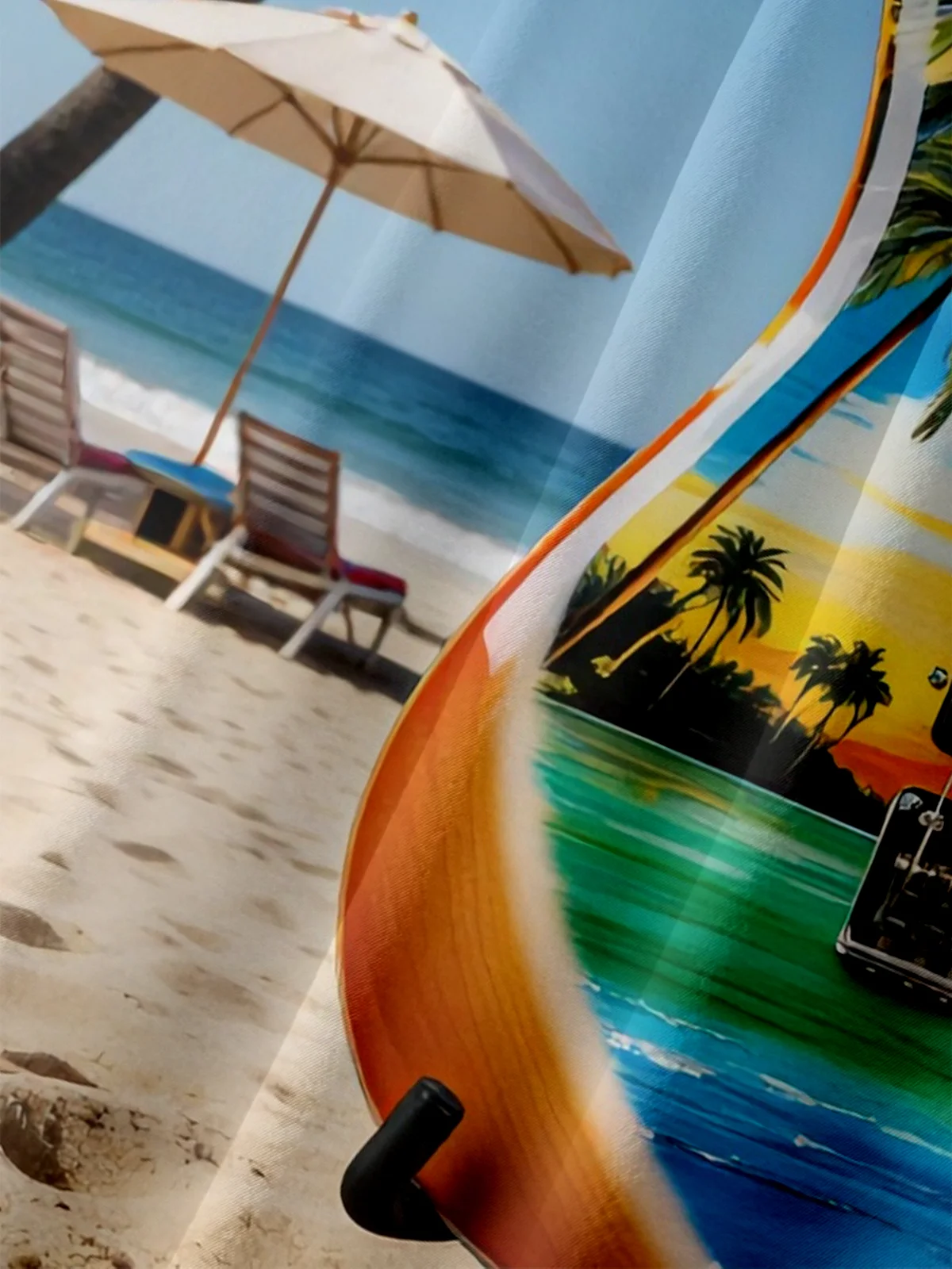 Moisture-wicking Guitar Coconut Tree Beach Chest Pocket Hawaiian Shirt