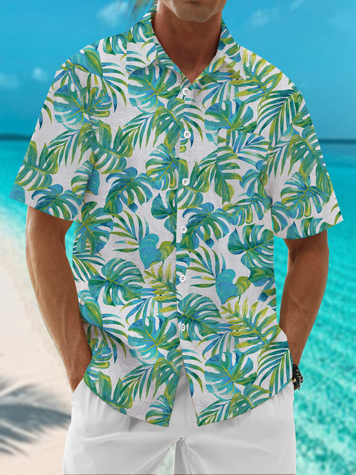 Moisture Wicking Plants Chest Pocket Hawaiian Shirt