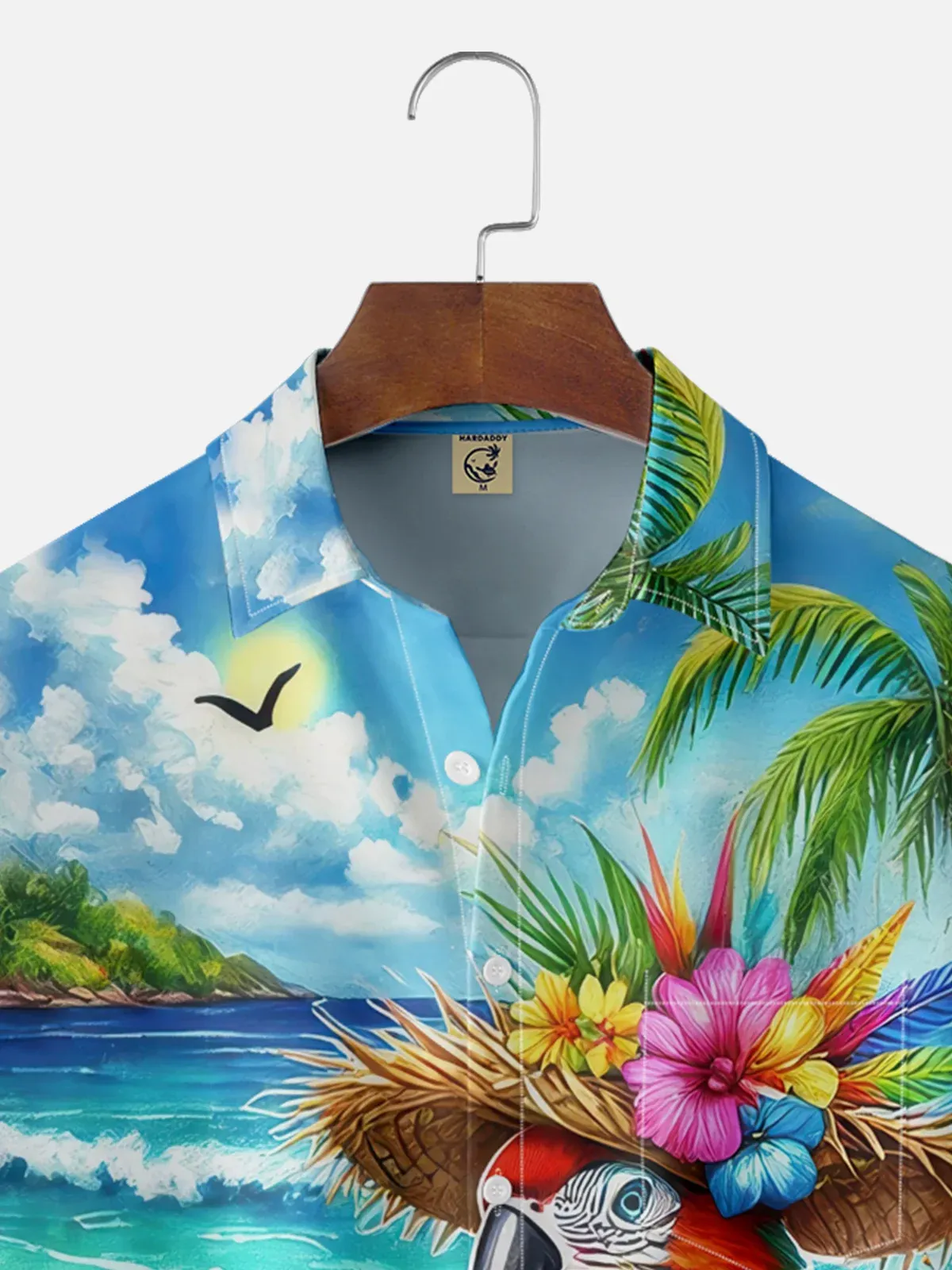 Moisture Wicking Cocktail Parrot Beach Coconut Tree Chest Pocket Hawaiian Shirt