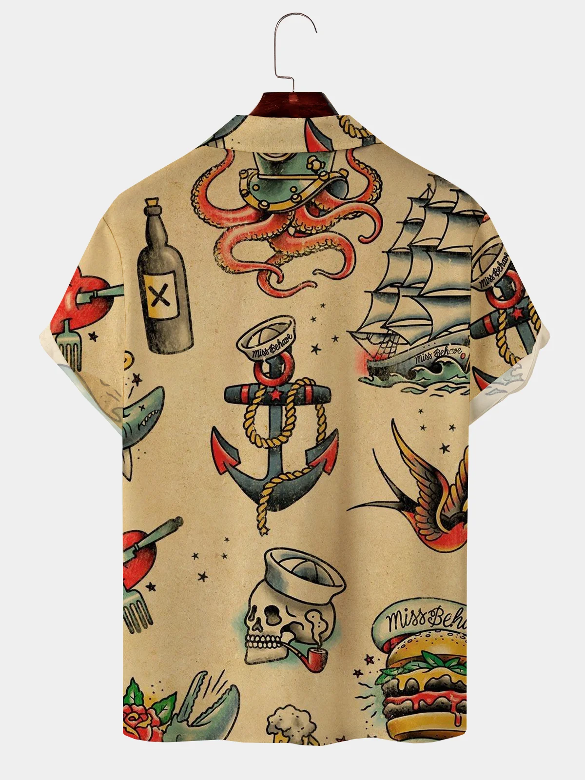 Mens Hawaiian Sailing Print Camp Collar Loose Short Sleeve Funky Tattoo Hawaiian Shirt