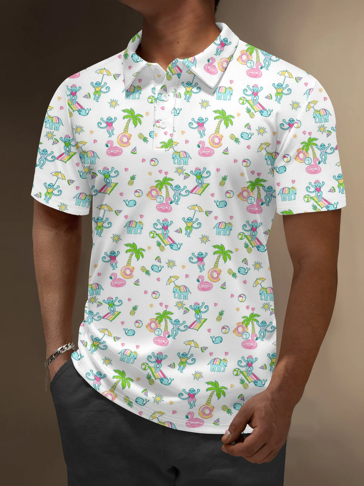 Moisture Wicking Hawaii Monkey Pineapple Coconut Tree Golf Polo