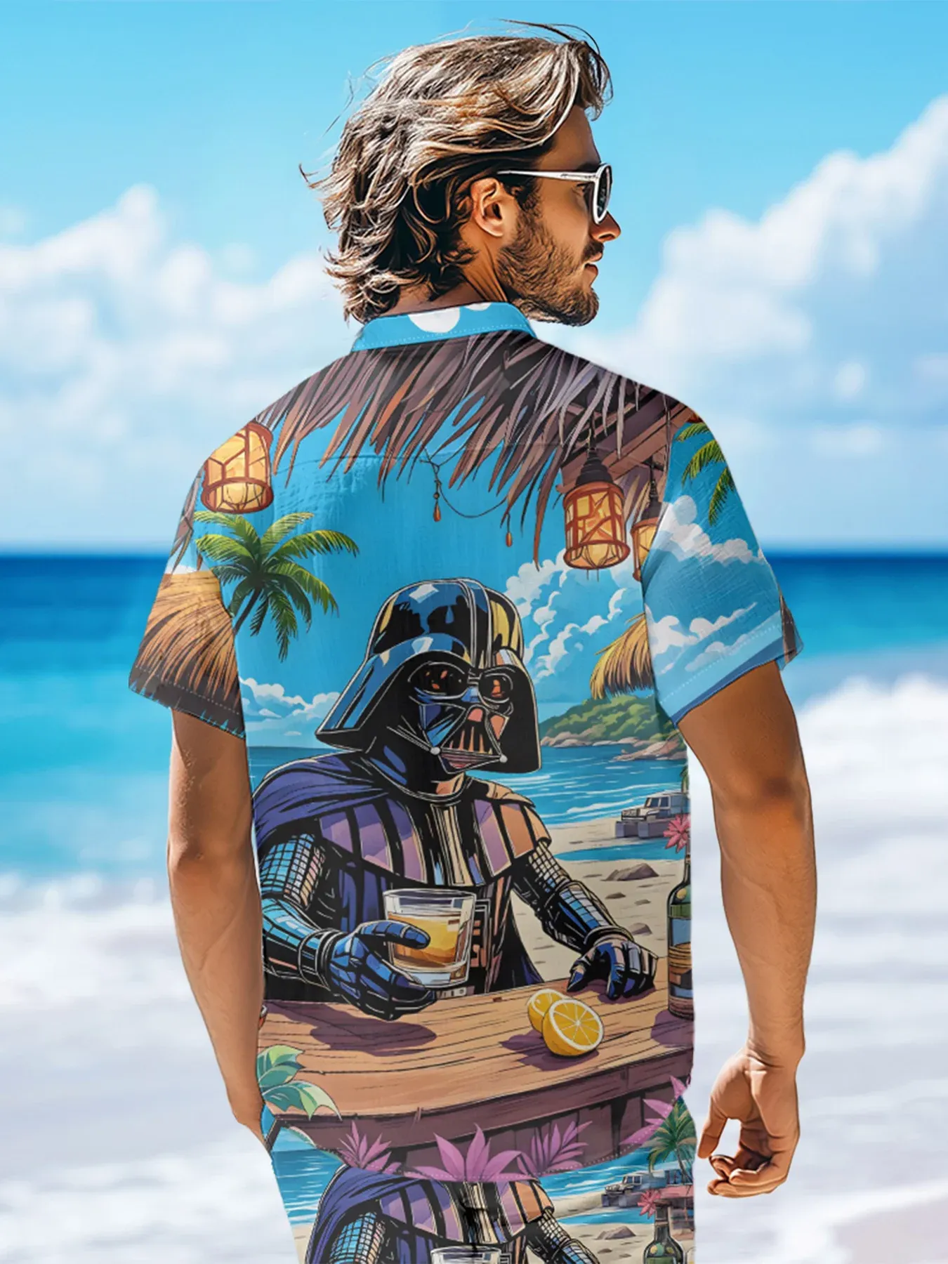 Moisture-wicking Star Beach Coconut Tree Chest Pocket Hawaiian Shirt