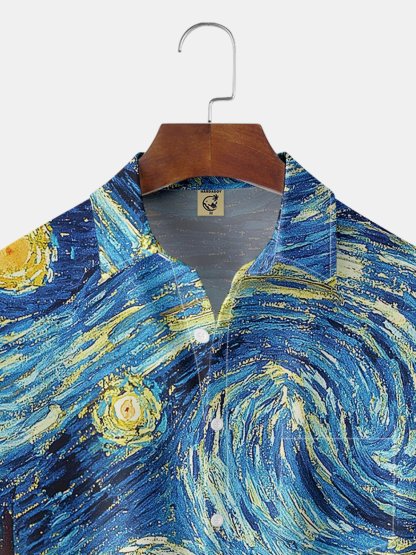 Hardaddy Mens Retro Van Gogh The Starry Night Lapel Loose Short Sleeve Funky Hawaiian Shirt