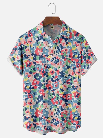 Moisture-wicking Tropical Floral Chest Pocket Hawaiian Shirt