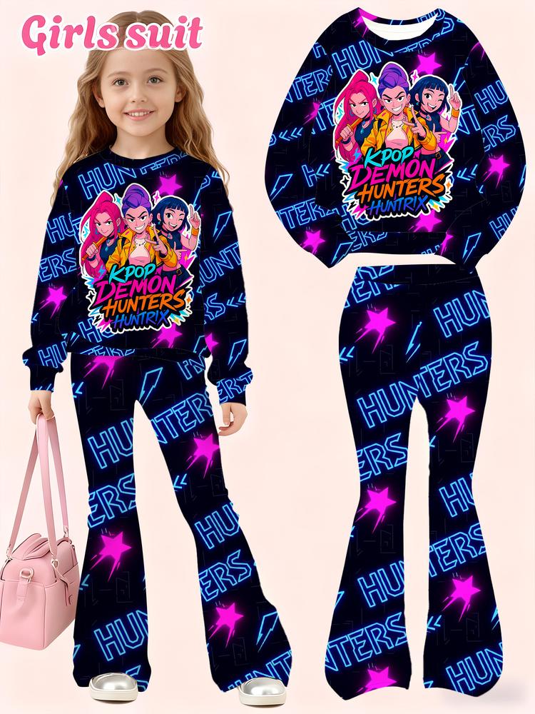 Girls Kpop Demon Hunters Set, Fall Winter Comfort Fashion, Neon Girl Group Print Hoodie & Bell Bottoms, Creative Anime Sportswear