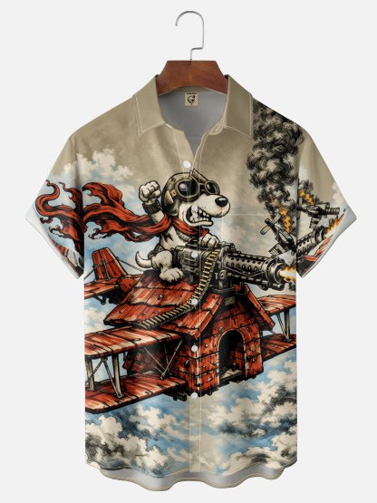 Tall Size Moisture-Wicking Abstract Airplane Dog Pattern and Chest Pocket Holiday Hawaiian Shirt