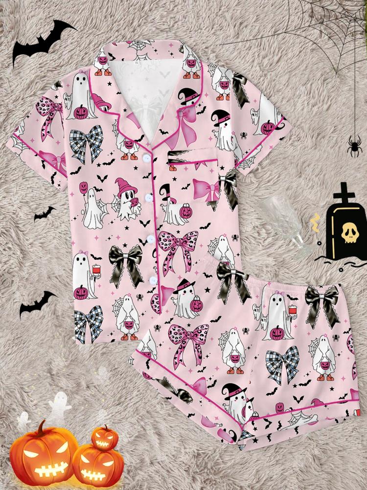 Women's Halloween Leopard Print Pajama Set, Bow Bat Pumpkin Elf Design, Comfortable Home Wear, Party Sleepwear Gift, Loungewear