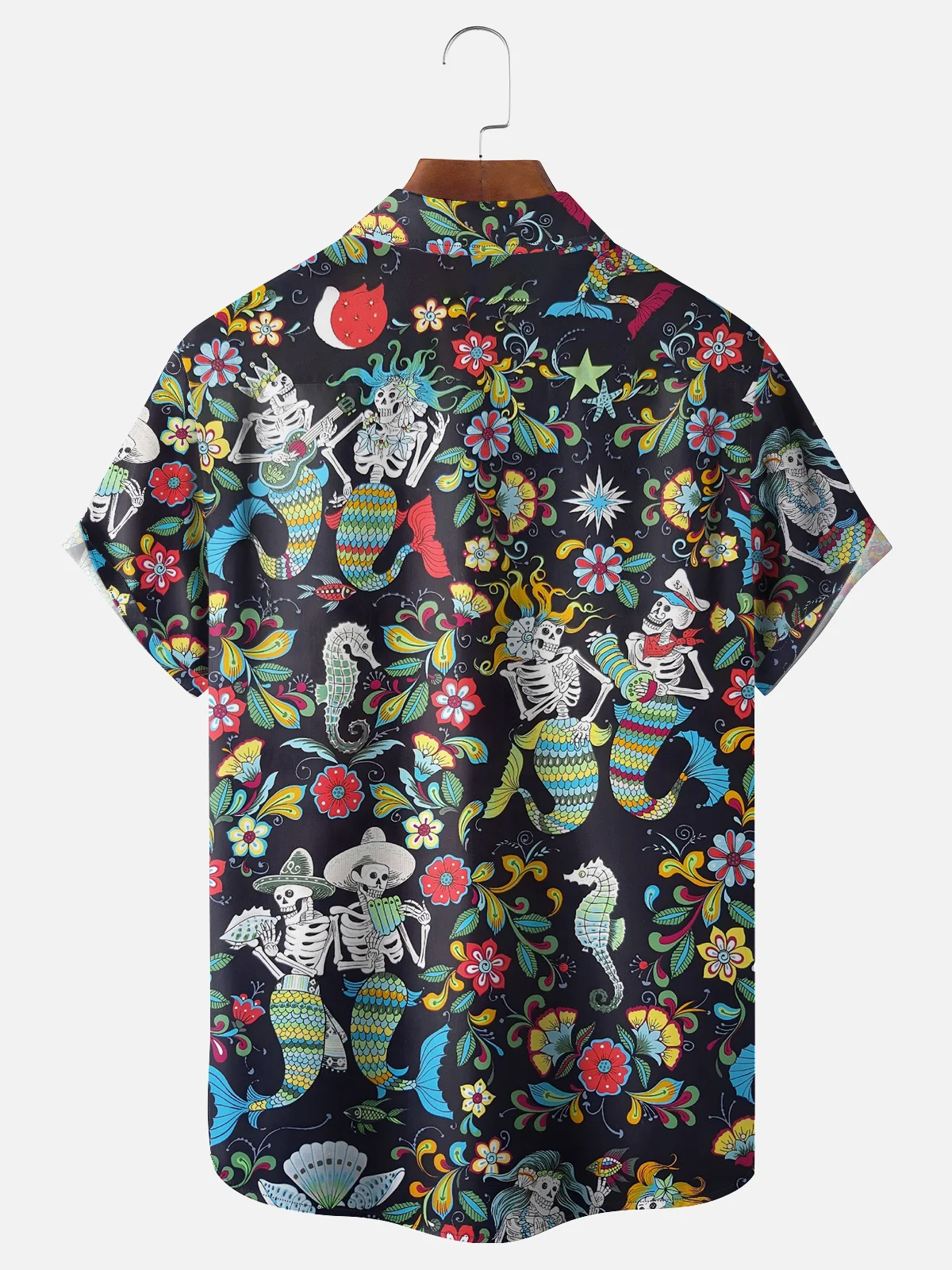 Moisture-wicking Mermaid Skull Chest Pocket Hawaiian Shirt