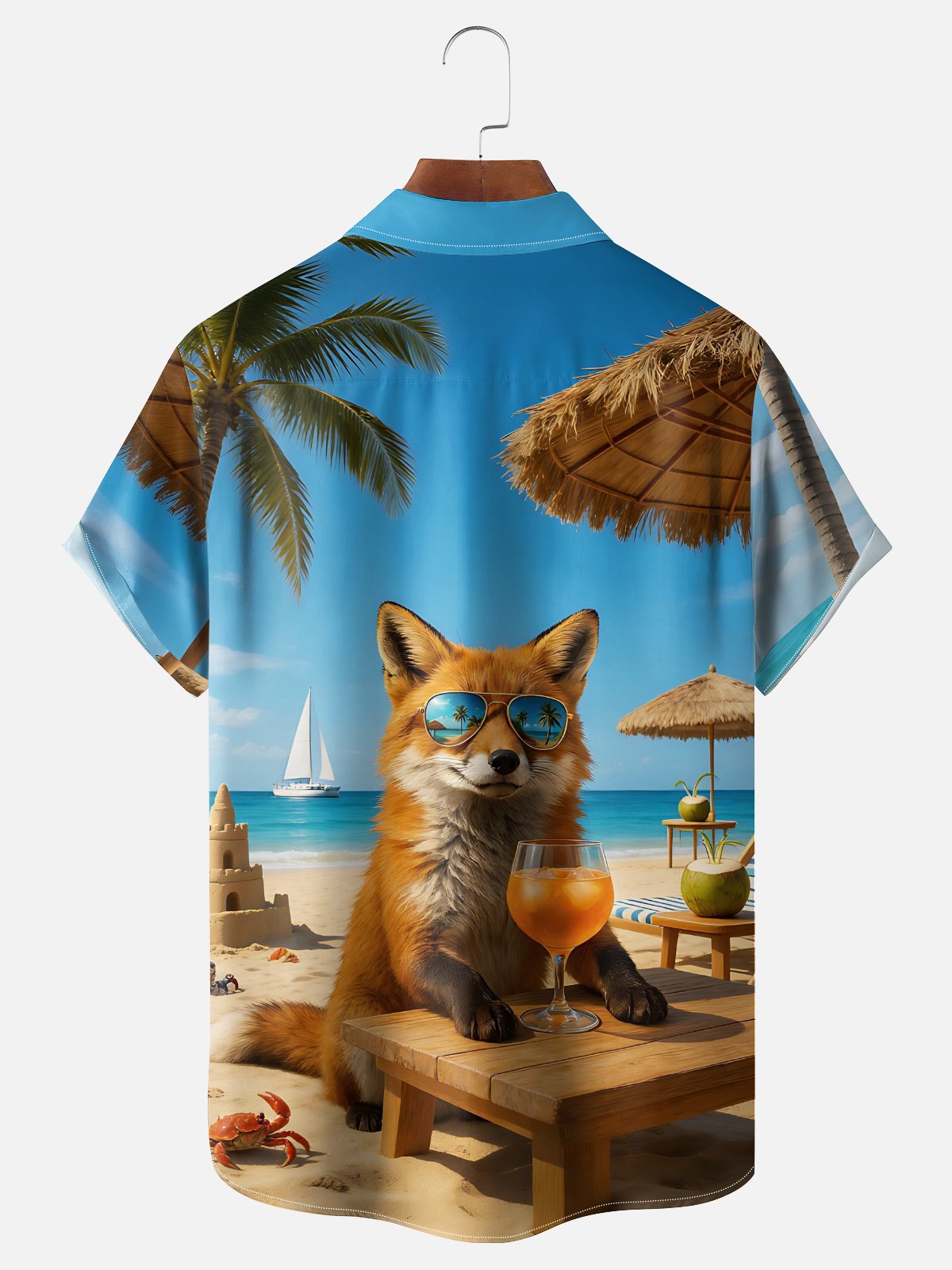 Moisture-wicking Fox Coconut Tree Beach Chest Pocket Hawaiian Shirt