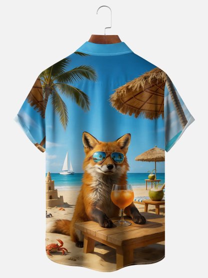 Moisture-wicking Fox Coconut Tree Beach Chest Pocket Hawaiian Shirt