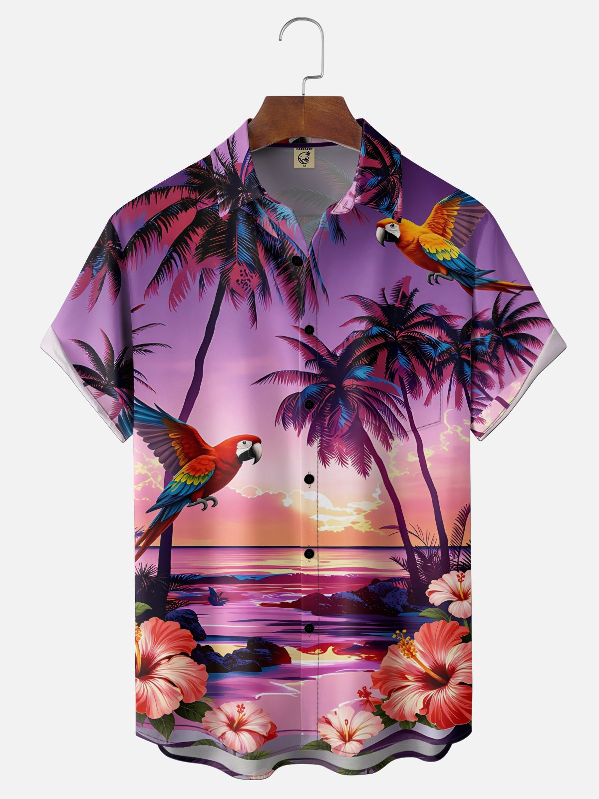 Moisture-Wicking Gradient Coconut Tree Hibiscus Parrot Chest Pocket Hawaiian Shirt