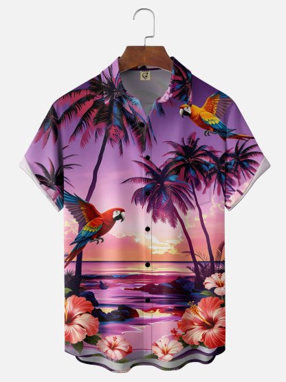 Moisture-Wicking Gradient Coconut Tree Hibiscus Parrot Chest Pocket Hawaiian Shirt