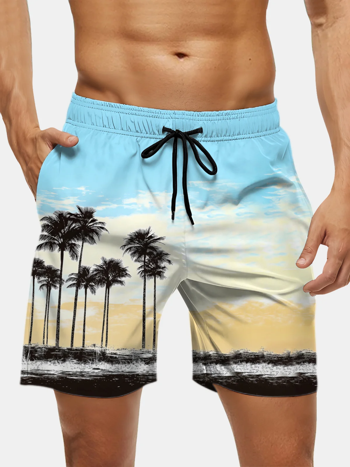 Men's Swim Trunks Hawaiian Tropical Palm Tree Beach Shorts with Pockets