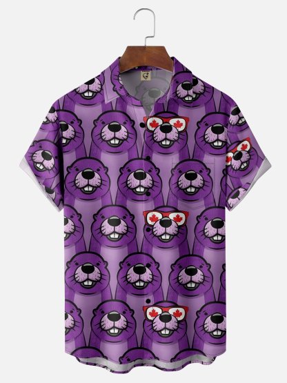 Moisture-wicking Canada Day Animal Maple Leaf Chest Pocket Hawaiian Shirt