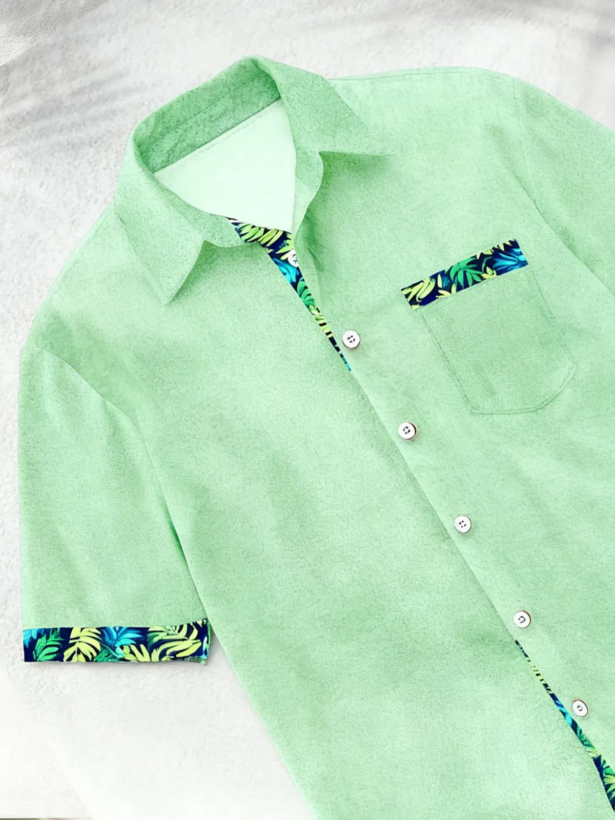 Linen Texture Plant Based Solid Color Patchwork Chest Pocket Holiday Hawaiian Shirt