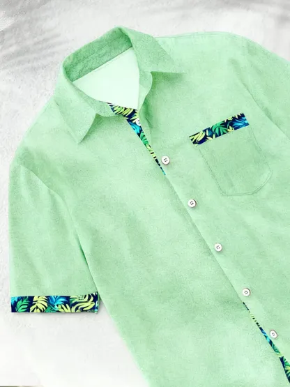 Linen Texture Plant Based Solid Color Patchwork Chest Pocket Holiday Hawaiian Shirt