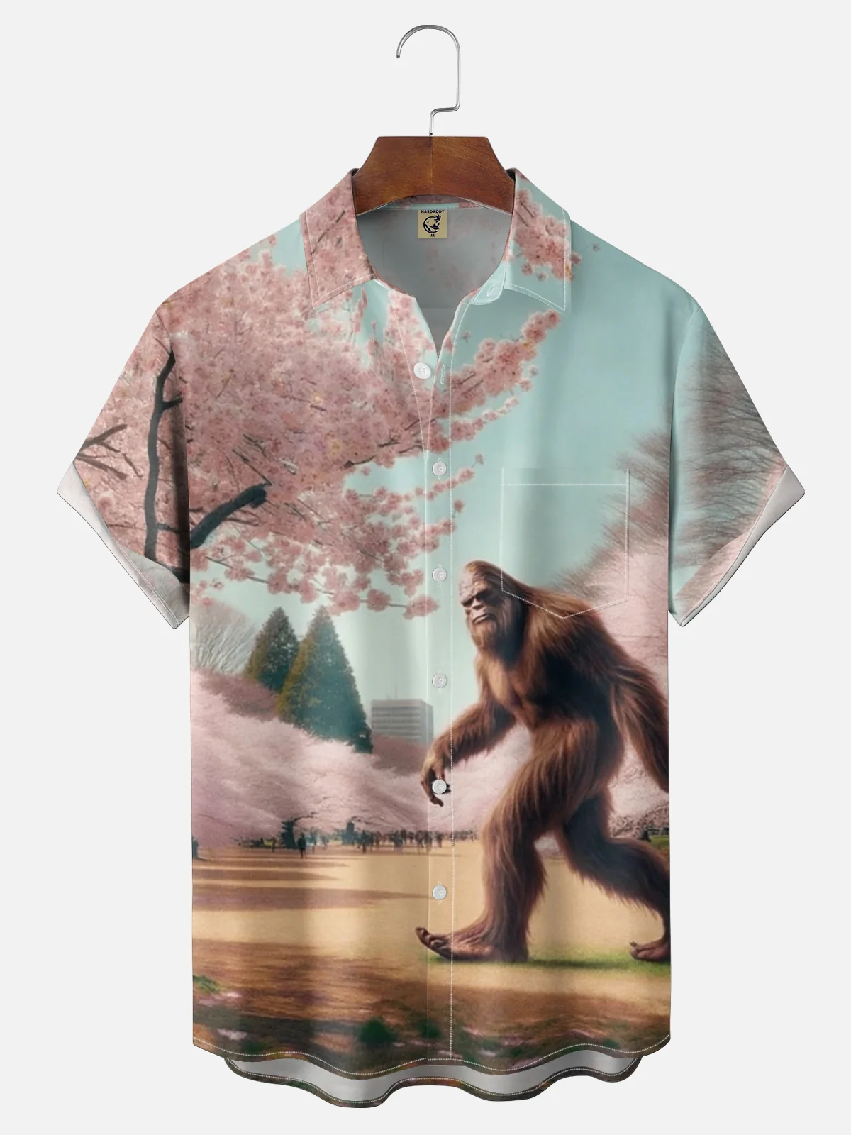 Moisture Wicking Bigfoot under the Cherry Blossom Tree Chest Pocket Holiday Hawaiian Shirt
