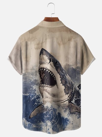 Moisture wicking Ukiyo-e Great White Shark chest pocket Hawaiian shirt