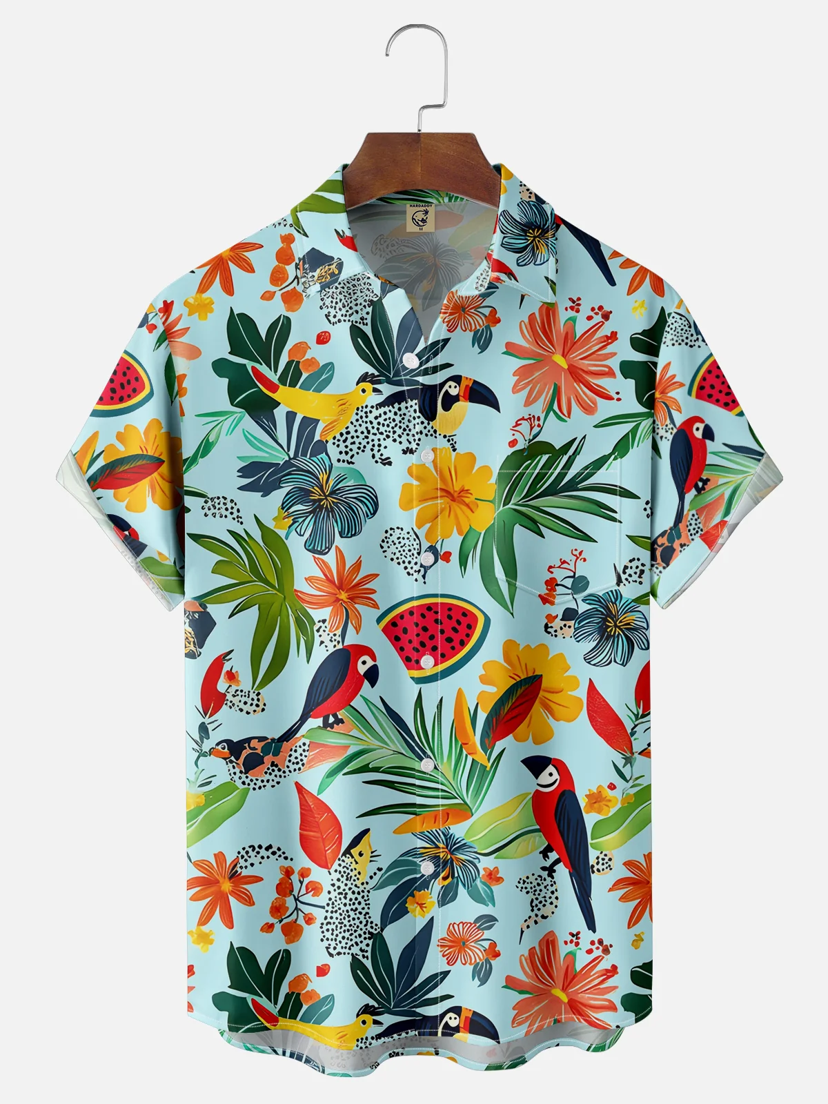 Moisture-wicking Tropical Palm Tree Parrot Floral Chest Pocket Hawaiian Shirt